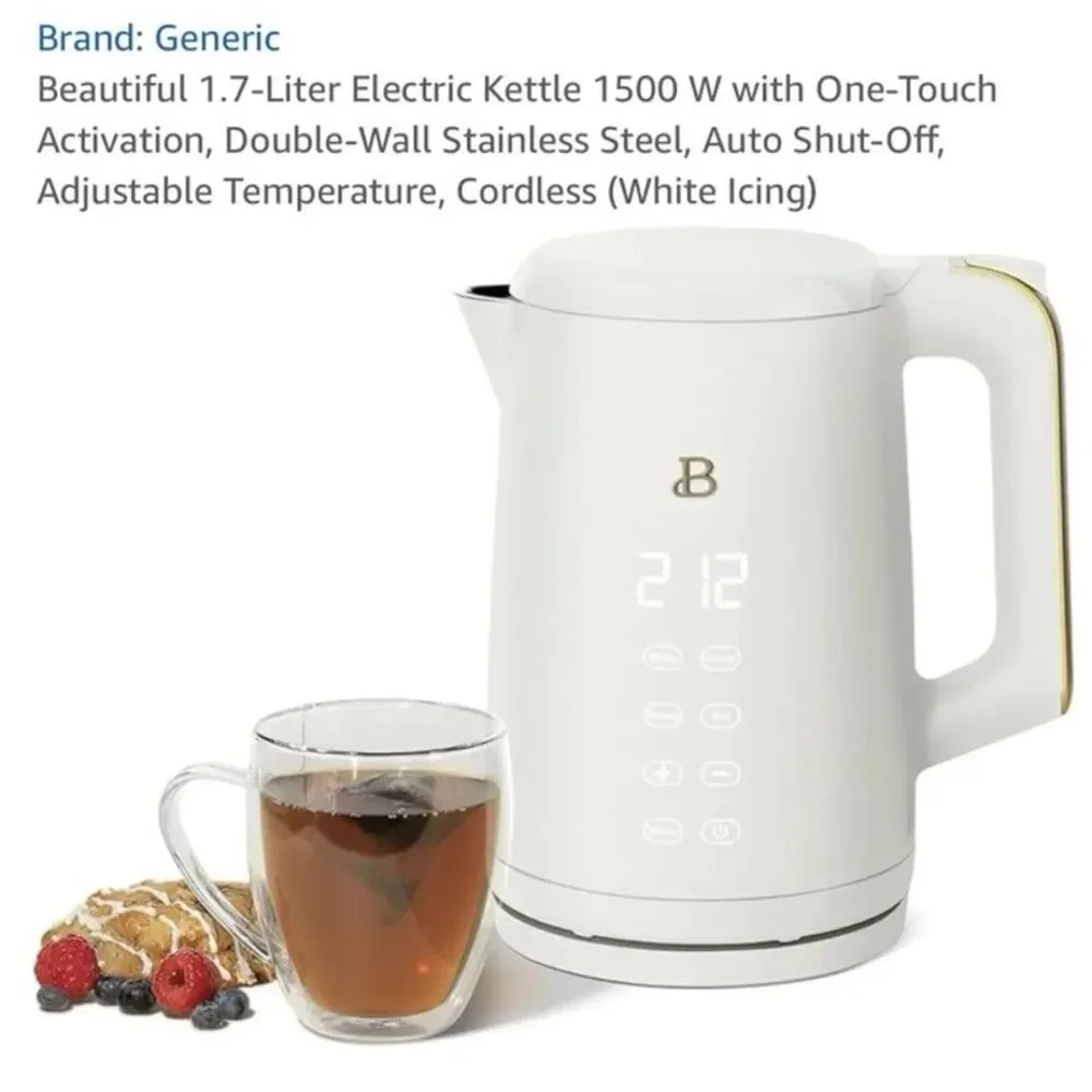 Beautiful 1.7-Liter Electric Kettle Double-Wall Stainless Steel, (White Icing)